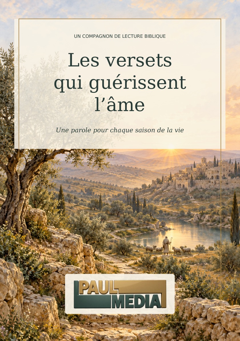 Couverture du livret Les versets qui guérissent l’âme, paysage biblique au lever du soleil