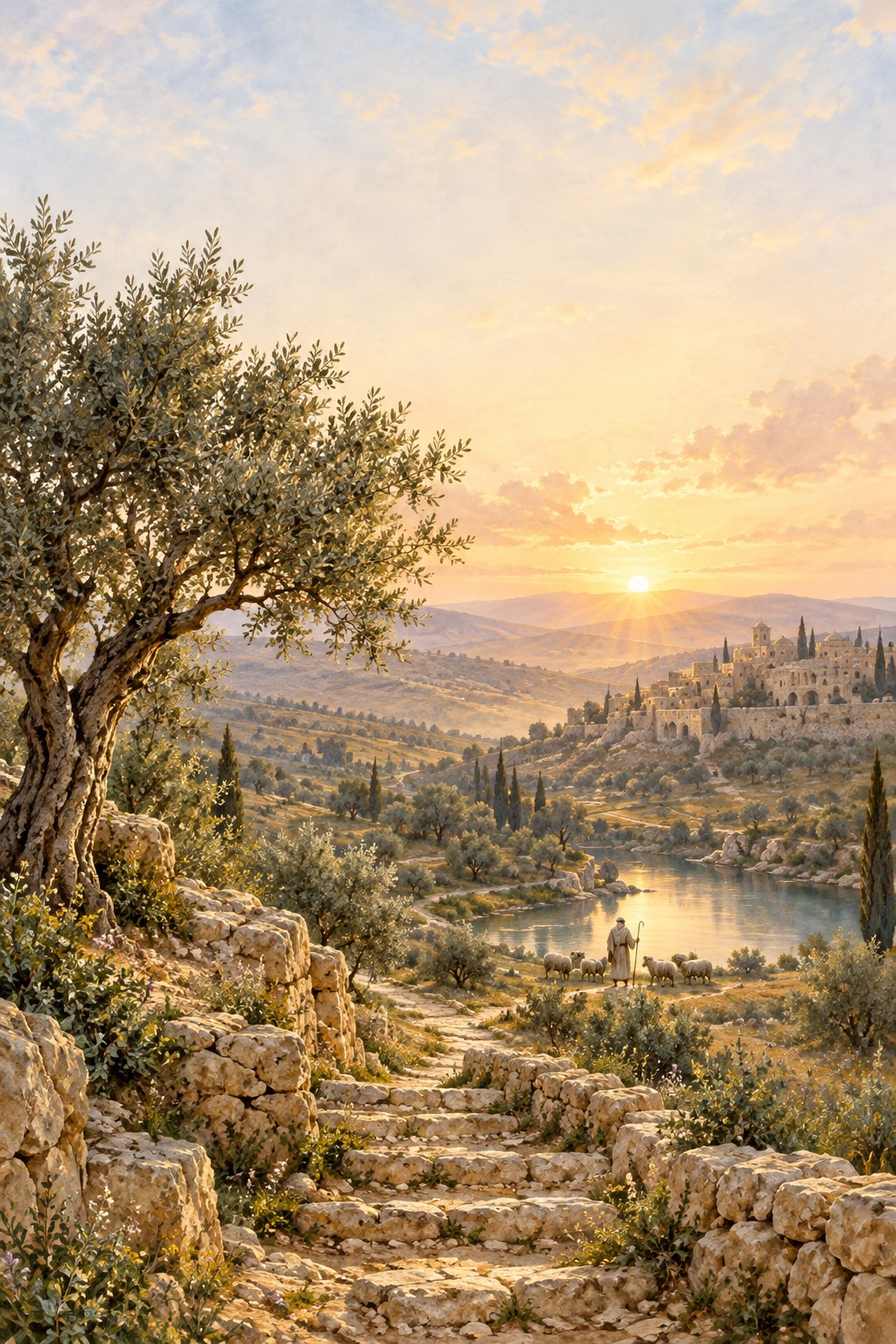 Olivier, chemin de pierre et collines dans une illustration des temps bibliques